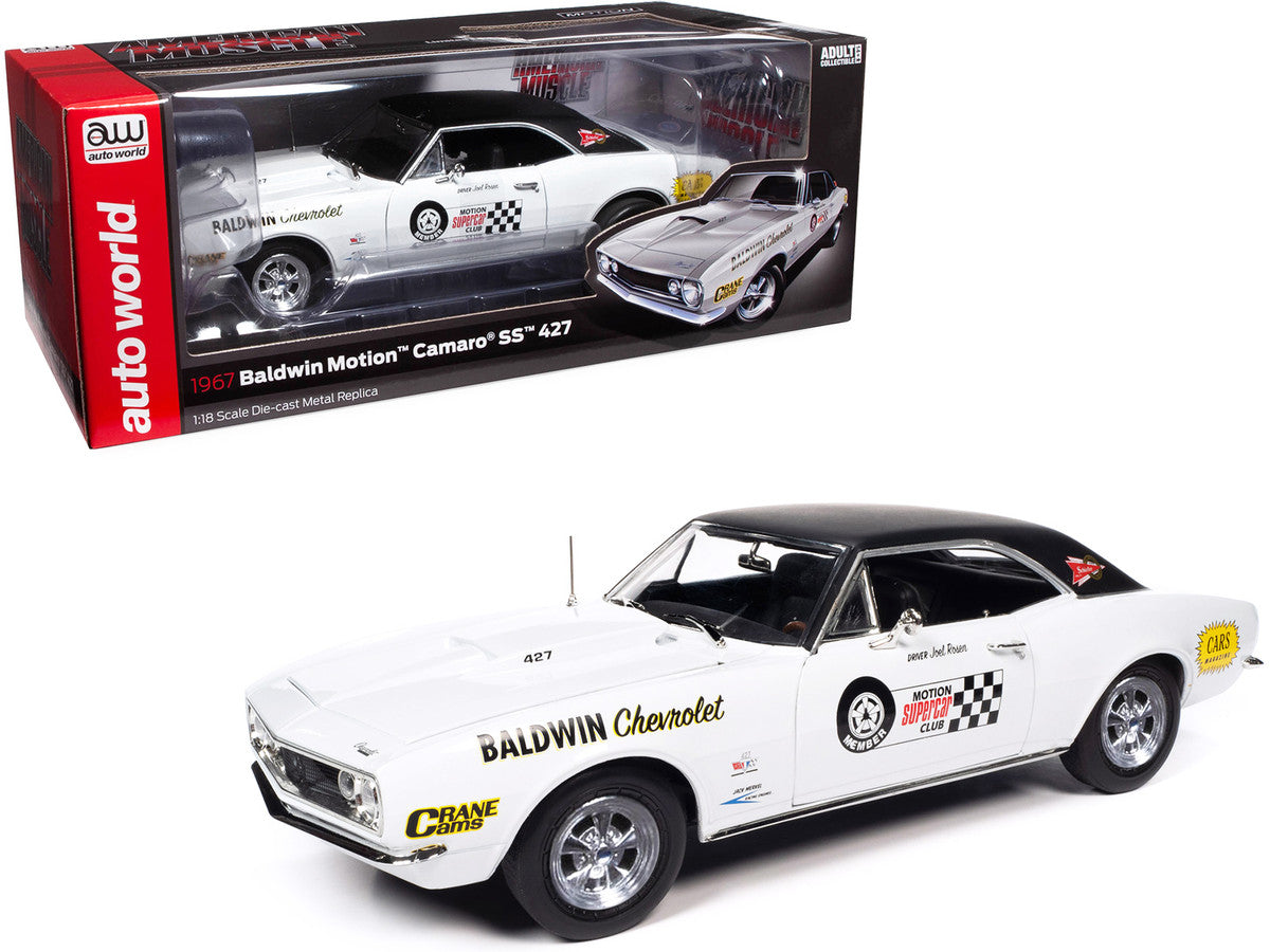 1967 Chevrolet Camaro SS Baldwin Motion Joel Rosen "Motion Supercar Club" White with Black Vinyl Top and Graphics 1/18 Diecast Model Car by Auto World
