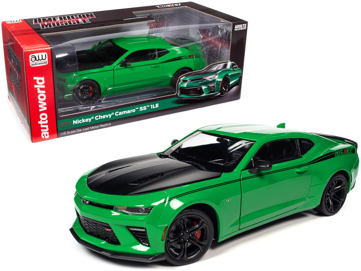 2017 Chevrolet Nickey Camaro SS 1LE Krypton Green with Matt Black Hood and Black Stripes 1/18 Diecast Model Car by Auto World