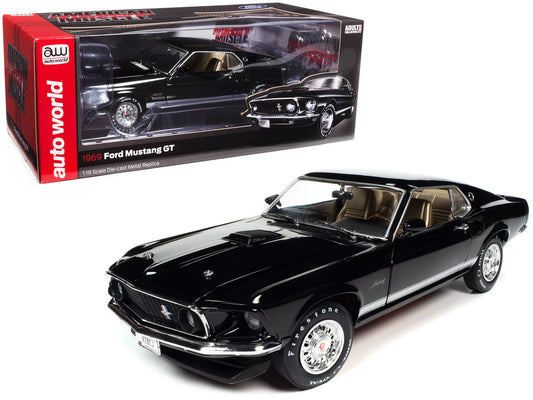 1969 Ford Mustang GT Raven Black with White Stripes and Gold Interior 1/18 Diecast Model Car by Auto World