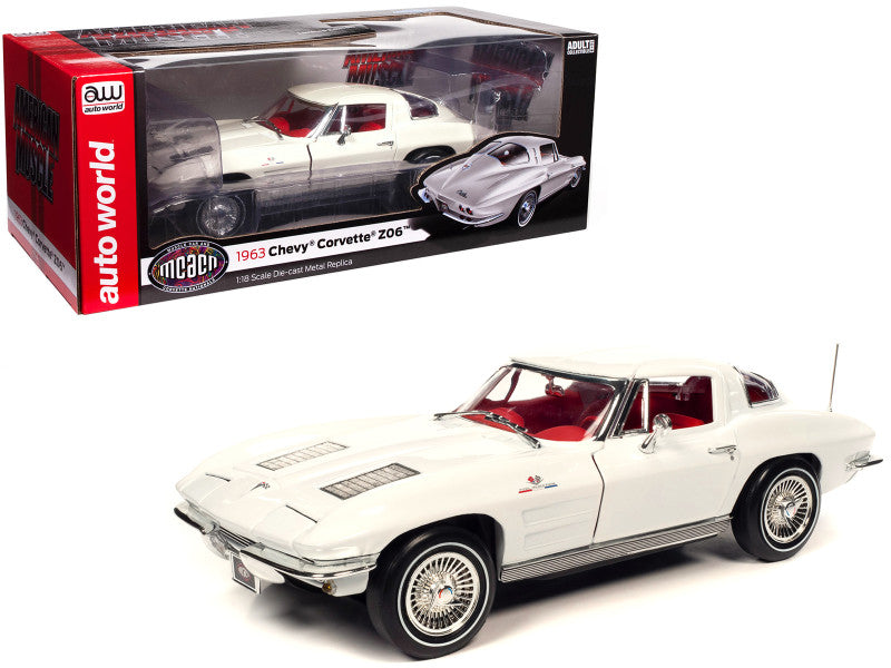 1963 Chevrolet Corvette Z06 Split-Window Coupe Ermine White with Red Interior (MCACN) "American Muscle" Series 1/18 Diecast Car by Auto World