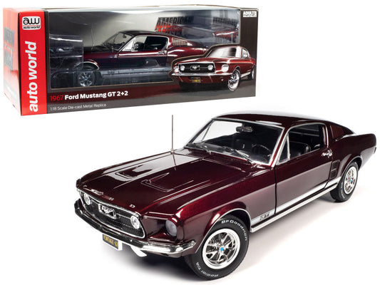 1967 Ford Mustang GT 2+2 Burgundy Metallic with White Side Stripes "American Muscle" Series 1/18 Diecast Model Car by Auto World