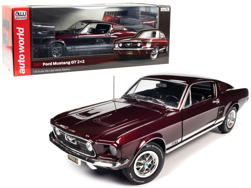 Auto World 1/18 scale 1967 Ford Mustang GT diecast model in burgundy with white stripes, featuring opening hood and doors.