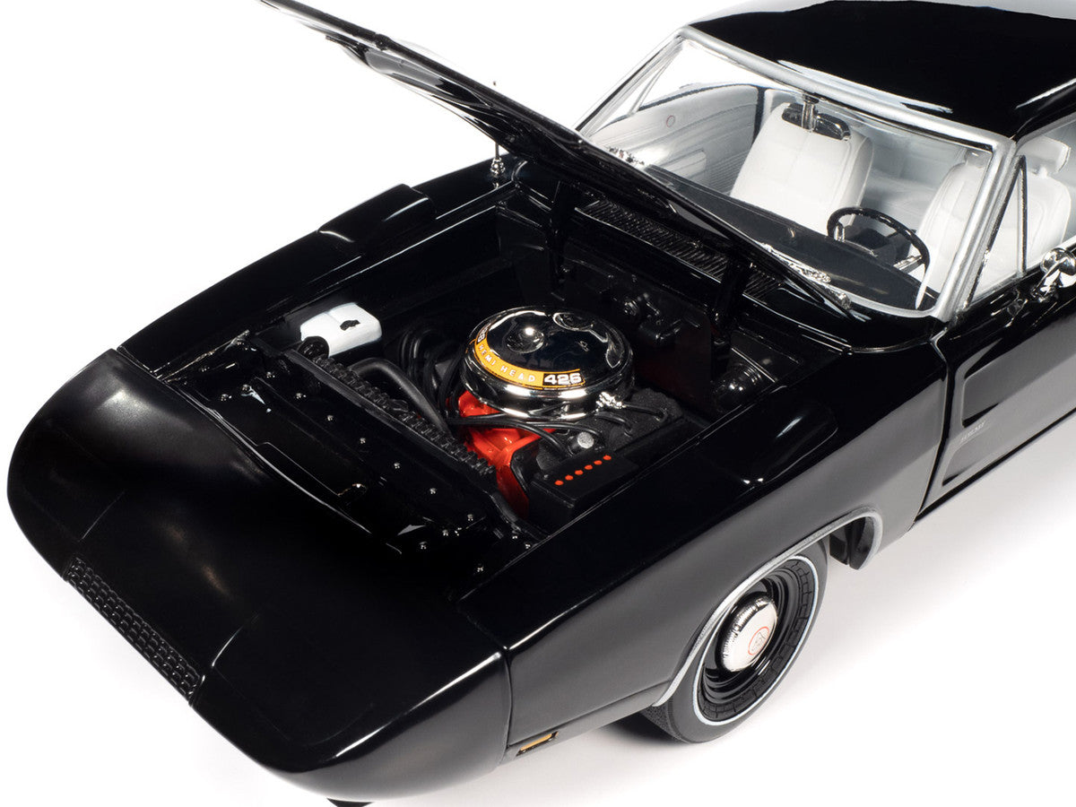 1969 Dodge Charger Daytona X9 Black with White Interior and Tail Stripe "American Muscle" Series 1/18 Diecast Model Car by Auto World