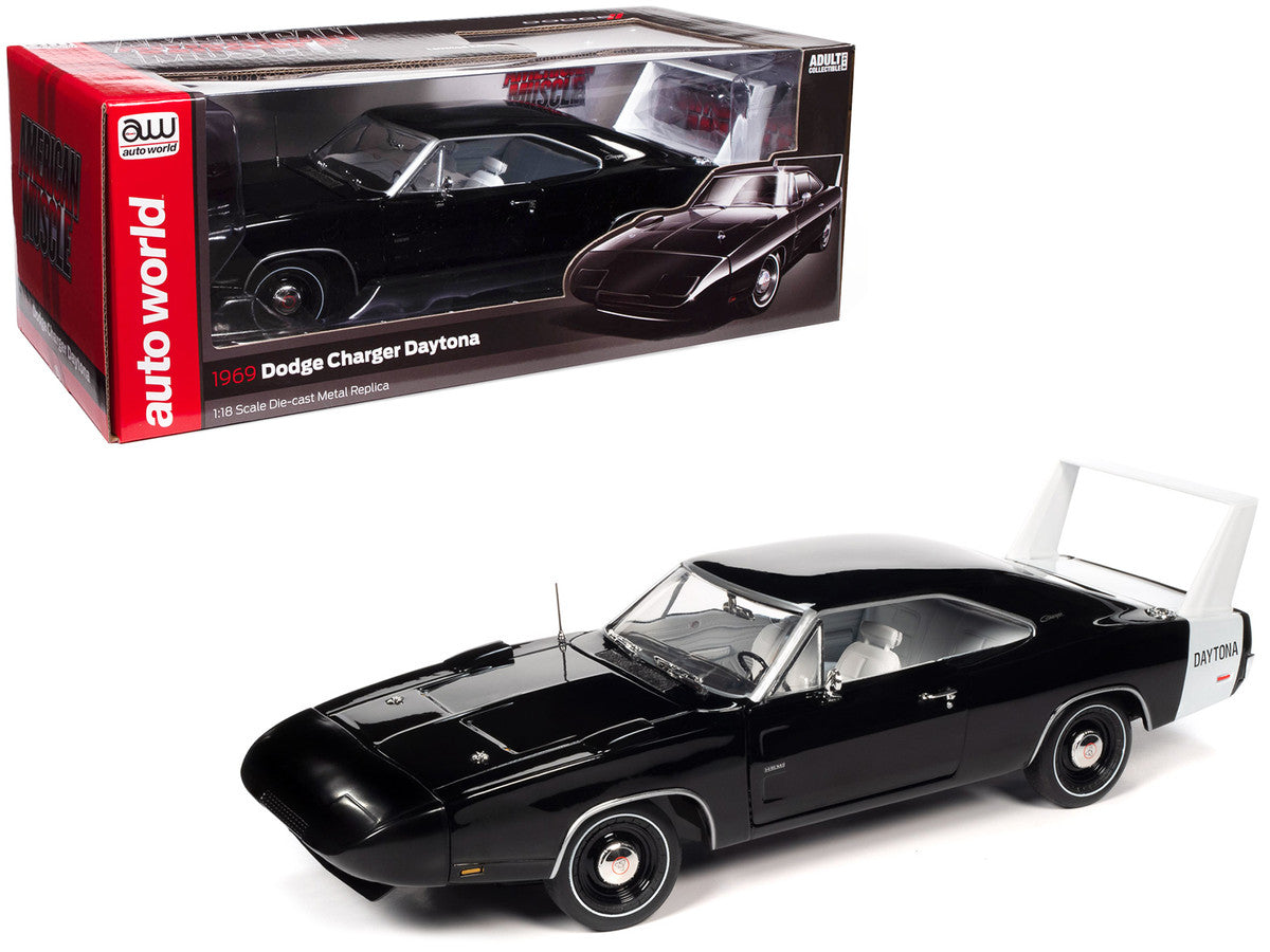 1969 Dodge Charger Daytona X9 Black with White Interior and Tail Stripe "American Muscle" Series 1/18 Diecast Model Car by Auto World