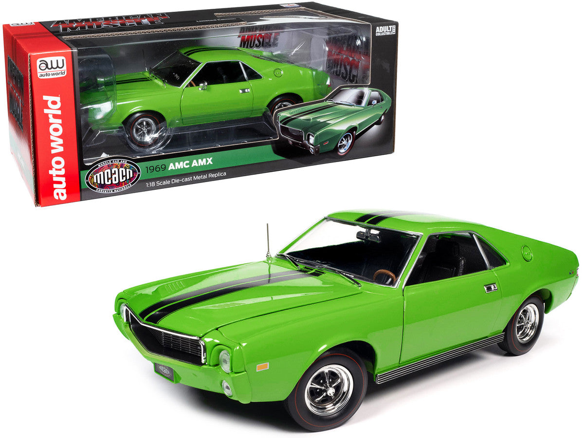 1/18 scale Auto World 1969 AMC AMX diecast car in Big Bad Lime Green with Black Stripes, featuring detailed interior and opening features.