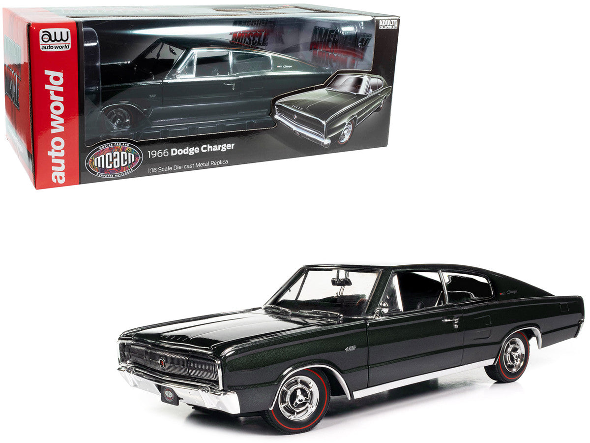 Auto World 1966 Dodge Charger Dark Green Metallic 1/18 Diecast Model Car from the "American Muscle" Series with detailed features.