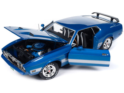 1973 Ford Mustang Mach 1 3K Blue Glow Metallic with Silver Stripes "Class of 1973" "American Muscle" Series 1/18 Diecast Model Car by Auto World