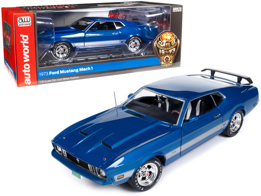 1973 Ford Mustang Mach 1 3K Blue Glow Metallic with Silver Stripes "Class of 1973" "American Muscle" Series 1/18 Diecast Model Car by Auto World