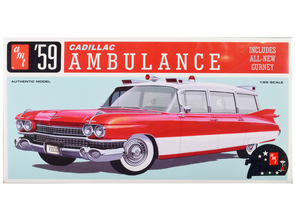1959 Cadillac Ambulance with Gurney Accessory 1/25 Scale Skill 2 Model Kit by AMT