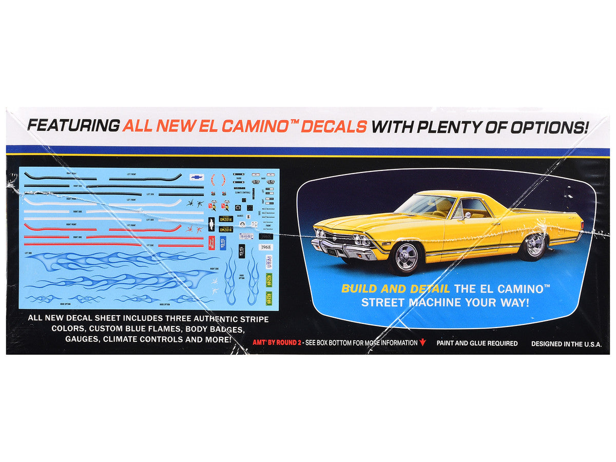 Model car kit packaging for a yellow El Camino with decal sheet and illustration on a white background.