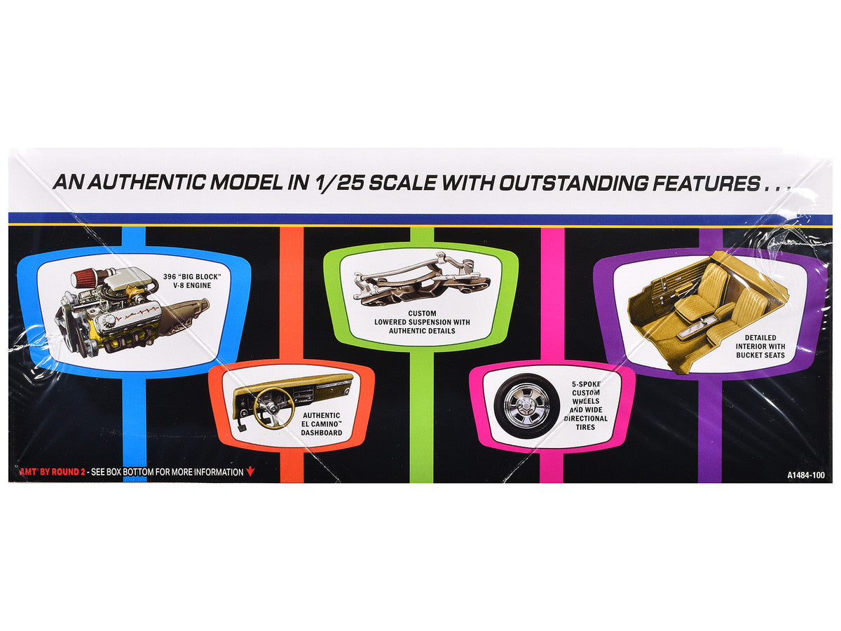 Chevy El Camino Model car kit packaging with features highlighted on a white background