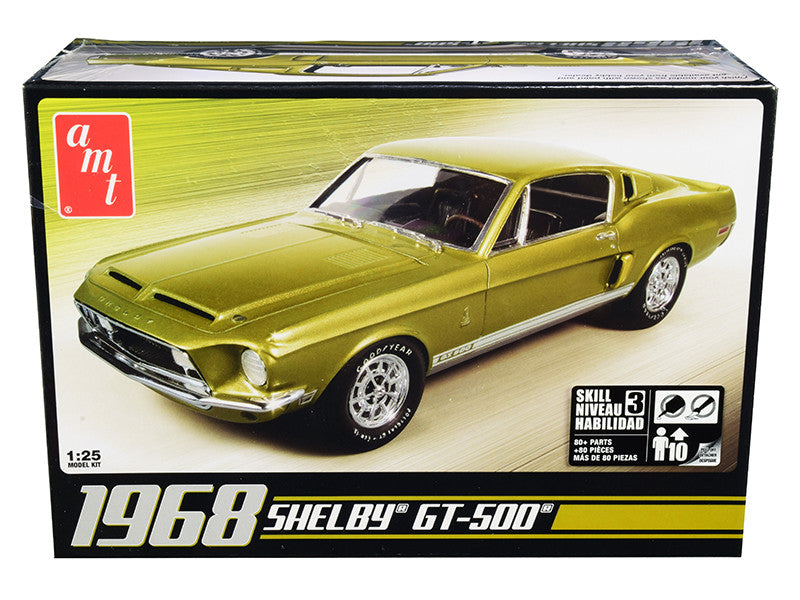 1/25 scale AMT model kit of a 1968 Ford Mustang Shelby GT-500 with detailed parts, wide tires, and body side scoops. Assembly required.