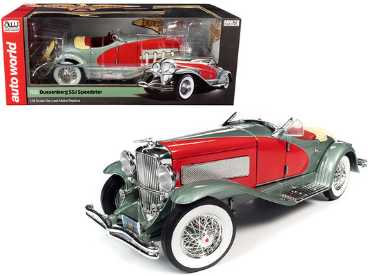 1935 Duesenberg SSJ Speedster Green Diecast Model Car: Limited edition, authentic detailing, steerable wheels, opening features.