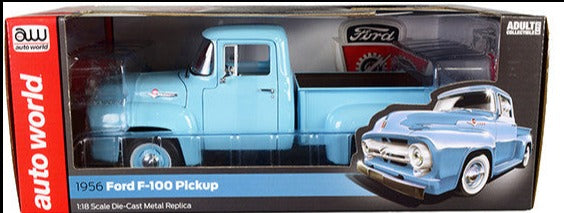 1956 Ford F-100 Mild Custom Pickup Truck Diamond Blue 1/18 Diecast Model Car by Auto World SW