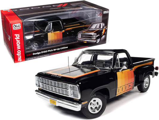 1980 Dodge D150 Pick-M-Up Utiline Pickup Truck Black with Stripes 1/18 Diecast Model Car by Auto World