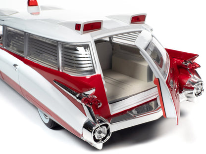 1959 Cadillac Eldorado Ambulance Red and White 1/18 Diecast Model by Auto World