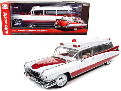 1959 Cadillac Eldorado Ambulance Red and White 1/18 diecast model by Auto World with detailed interior, steerable wheels, and opening parts.