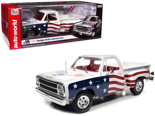 1980 Dodge D150 Adventurer Pickup Truck White with American Flag Graphics and Red Interior 1/18 Diecast Model Car by Auto World