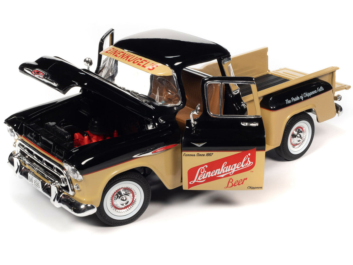 1957 Chevrolet 3100 Stepside Pickup Truck, black and tan with Leinenkugle's Beer graphics, 1/18 diecast model. View of various openings.