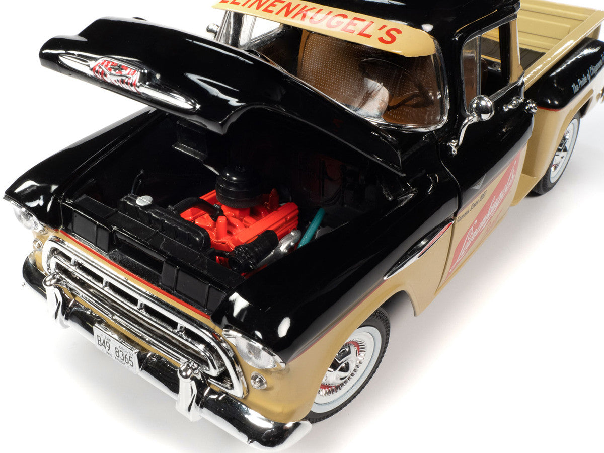 Engine of 1957 Chevrolet 3100 Stepside Pickup Truck, black and tan with Leinenkugle's Beer graphics, 1/18 diecast model.