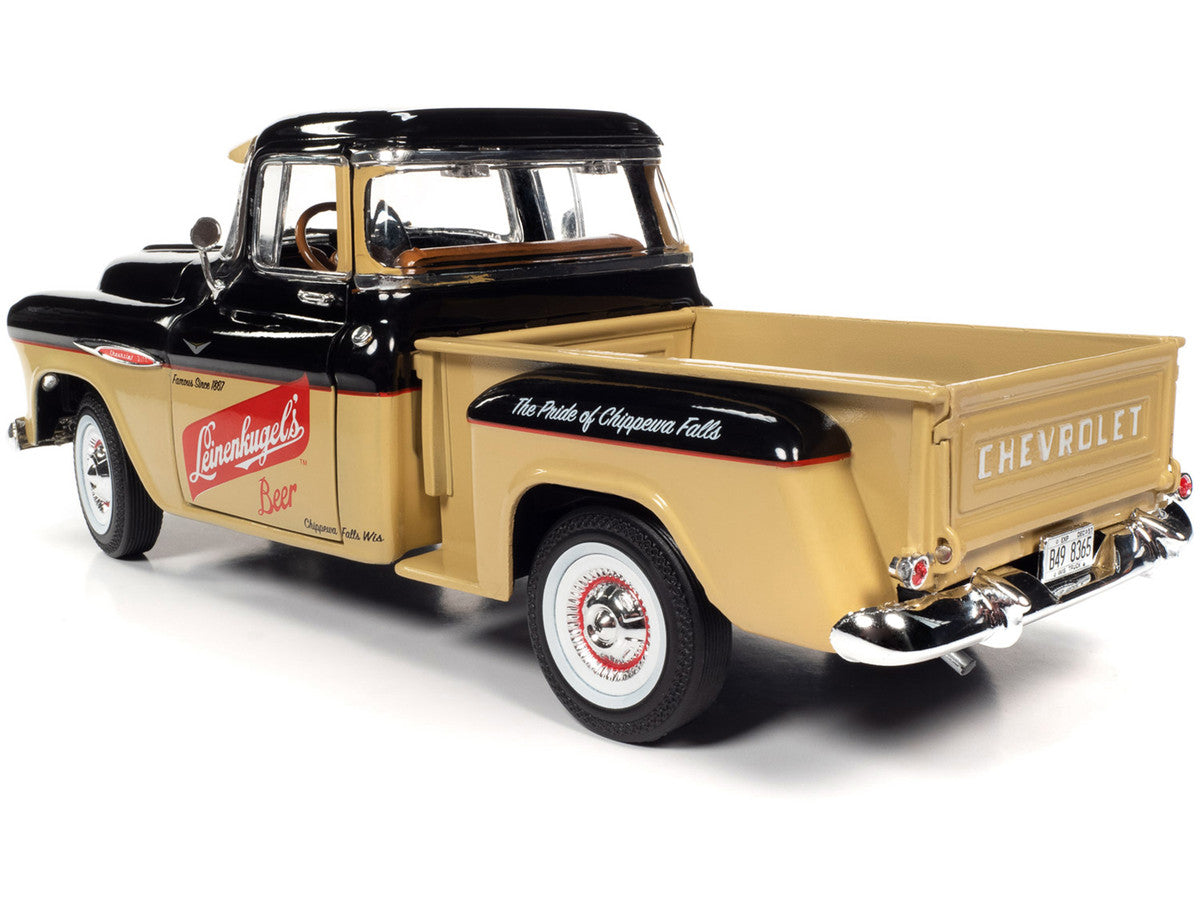 Side view of 1957 Chevrolet 3100 Stepside Pickup Truck, black and tan with Leinenkugle's Beer graphics, 1/18 diecast model.