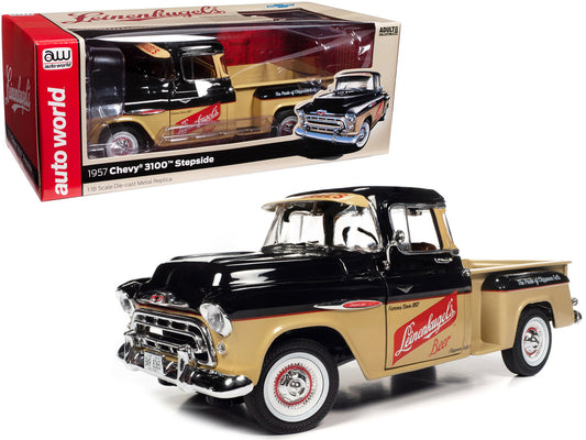 1957 Chevrolet 3100 Stepside Pickup Truck Black and Tan with Graphics "Leinenkugle's Beer The Pride of Chippewa Falls" 1/18 Diecast Car by Auto World