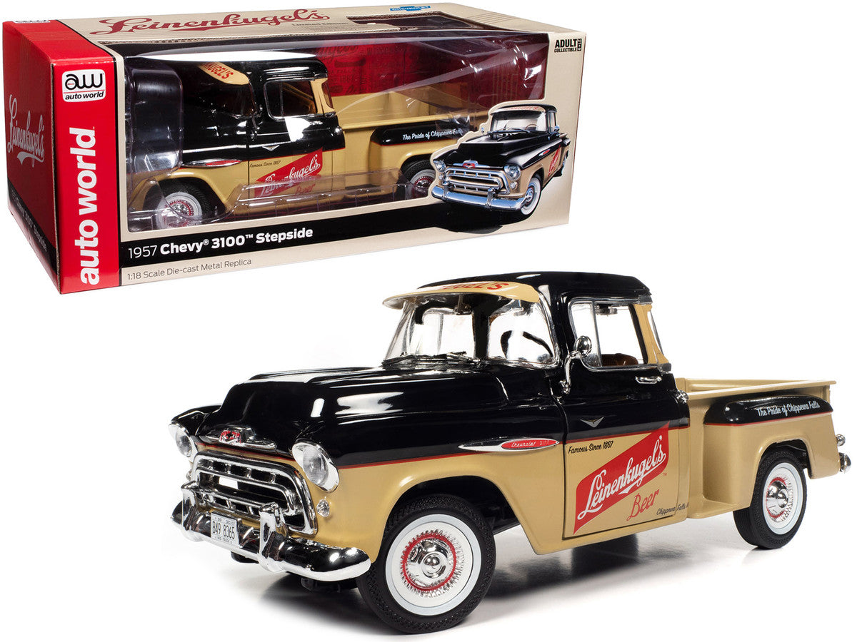 1957 Chevrolet 3100 Stepside Pickup Truck, black and tan with Leinenkugle's Beer graphics, 1/18 diecast model.