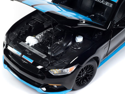 2015 Ford Mustang GT 5.0 Black with Petty Blue Stripes "Petty's Garage" 1/18 Diecast Model Car by Auto World