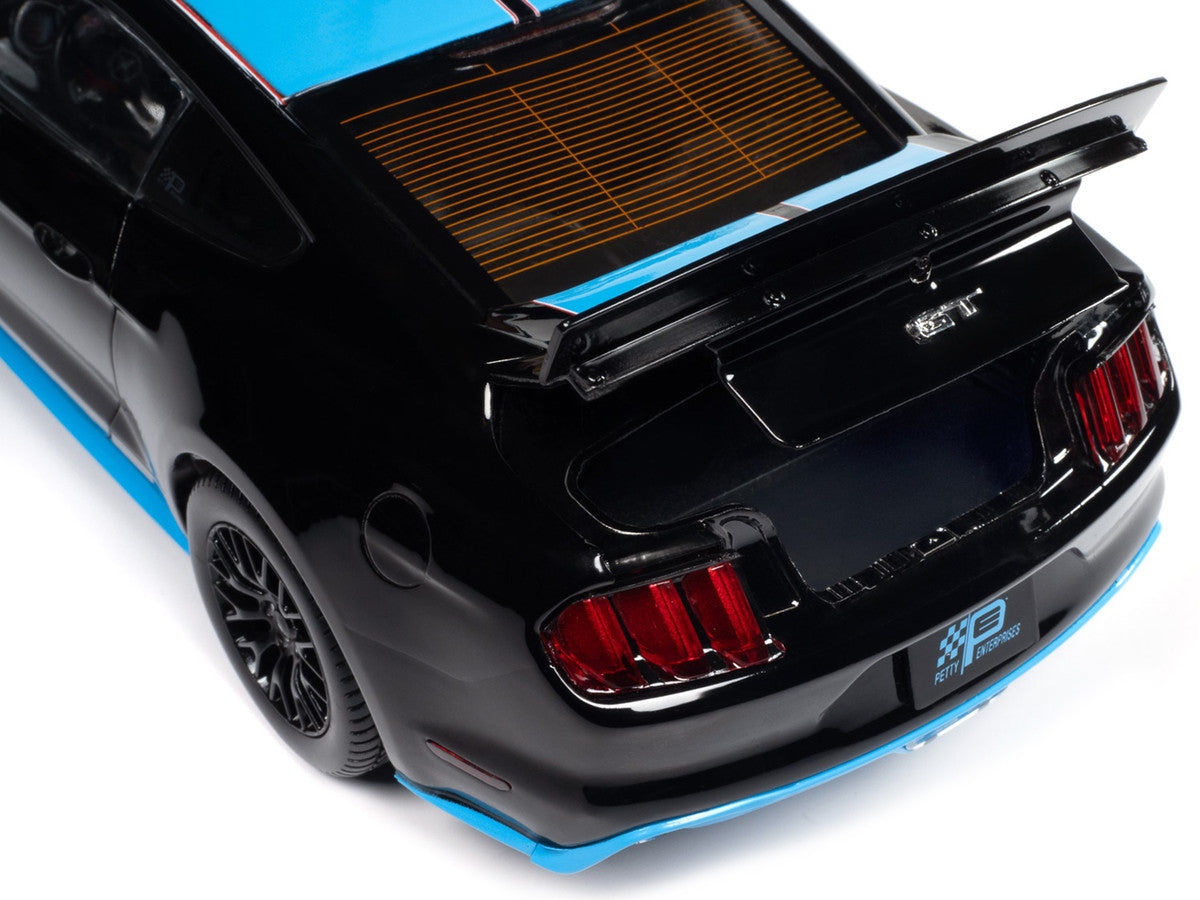 2015 Ford Mustang GT 5.0 Black with Petty Blue Stripes "Petty's Garage" 1/18 Diecast Model Car by Auto World