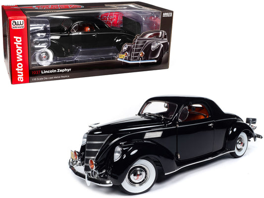 1937 Lincoln Zephyr Black with Red Interior 1/18 Diecast Model Car by Auto World. Brand new, limited edition, real rubber tires, steerable wheels.