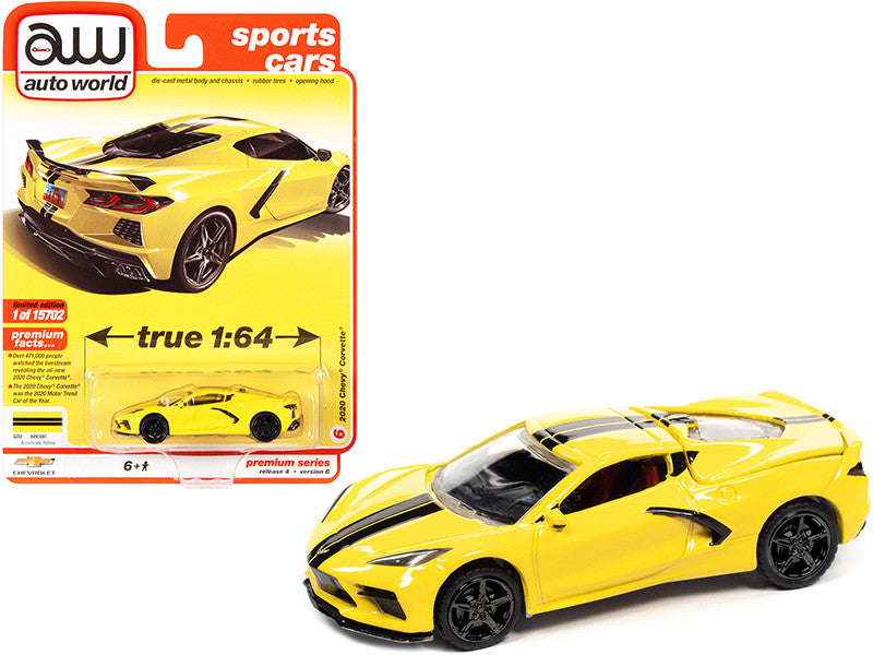 2020 Chevrolet Corvette C8 Stingray Accelerate Yellow with Twin Black Stripes "Sports Cars" Limited Edition - 15702 pcs 1/64 Diecast Car by Auto World