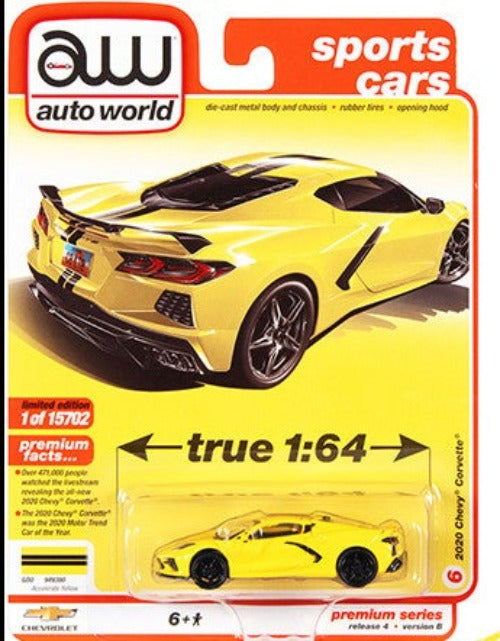 2020 Chevrolet Corvette C8 Stingray Accelerate Yellow with Twin Black Stripes "Sports Cars" Limited Edition - 15702 pcs 1/64 Diecast Car by Auto World