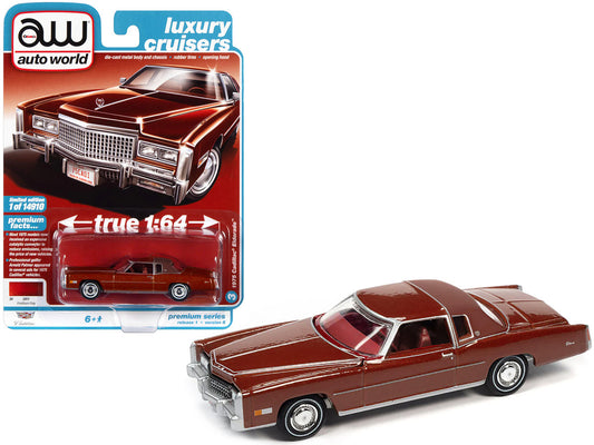 Auto World 1975 Cadillac Eldorado: Limited Edition 1/64 Diecast Car in Firethorn Red Metallic. Real rubber tires, opening hood. Collector's item!