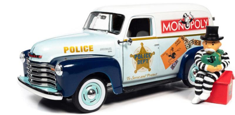 Side view of 1948 Chevy Police Van "Monopoly" 1/18 Diecast, Steerable, Mr. Monopoly Figurine, Detailed Replica