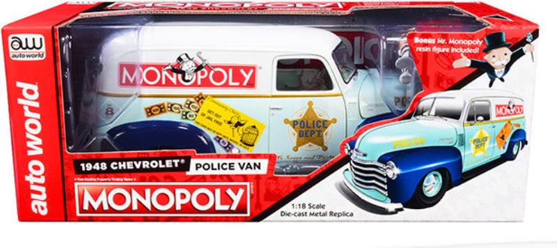 1948 Chevy Police Van "Monopoly" 1/18 Diecast, Steerable, Mr. Monopoly Figurine, Detailed Replica by Auto World