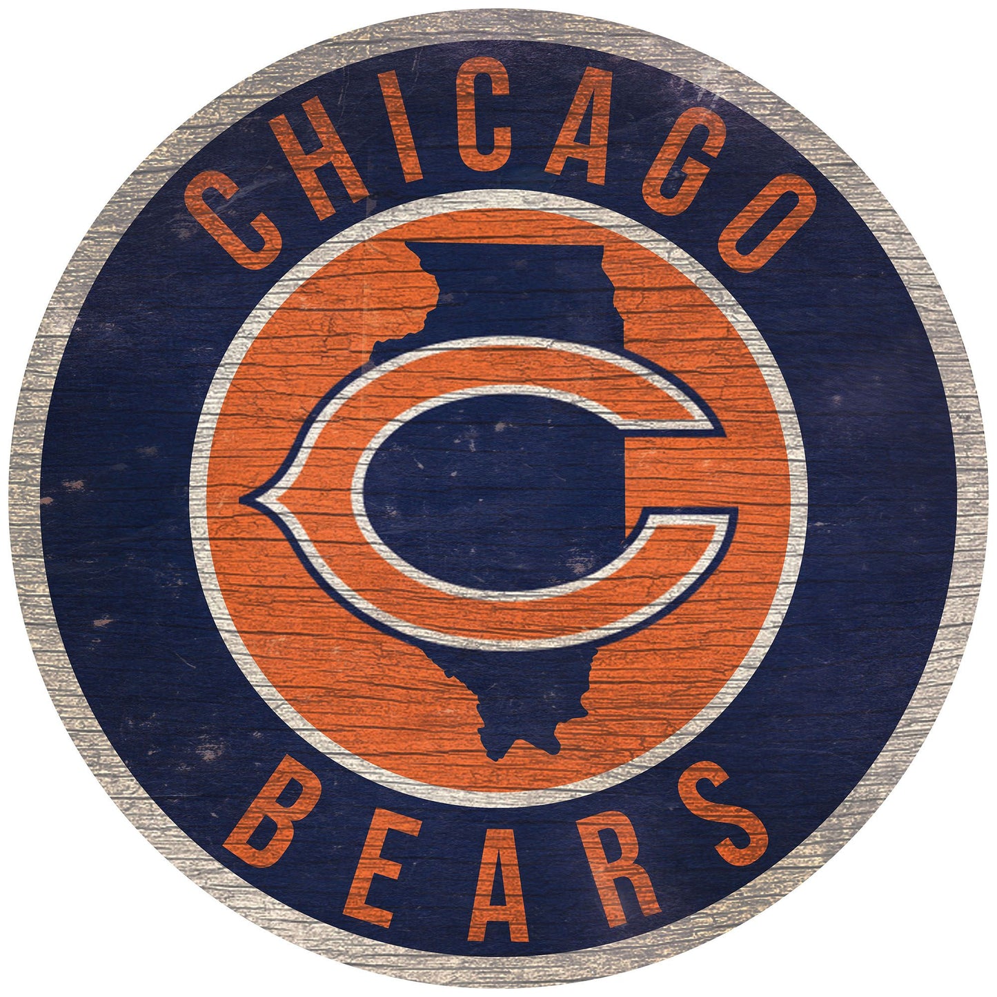 Chicago Bears 12" Round Distressed Sign with state outline, featuring team colors and logo. Made in USA, officially licensed.