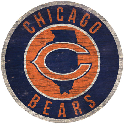 Chicago Bears 12" Round Distressed Sign with state outline, featuring team colors and logo. Made in USA, officially licensed.