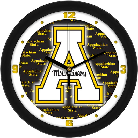 Appalachian State Mountaineers Dimension Wall Clock, 11.5" diameter, durable plastic frame, mineral glass window, team colors.