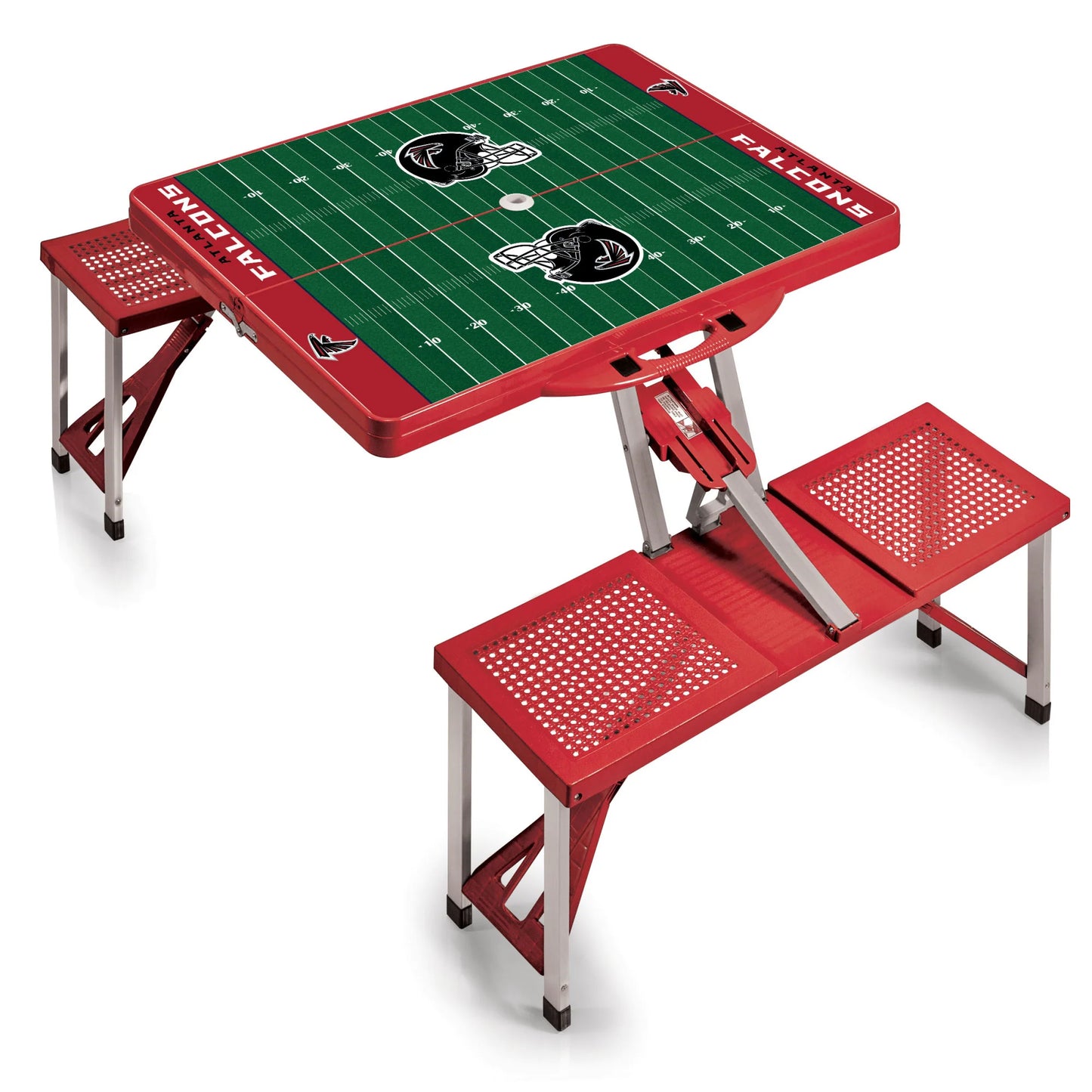 Atlanta Falcons red portable folding table with seats for four. Durable ABS plastic, compact, holds 250 lbs per seat, weighs 19 lbs.