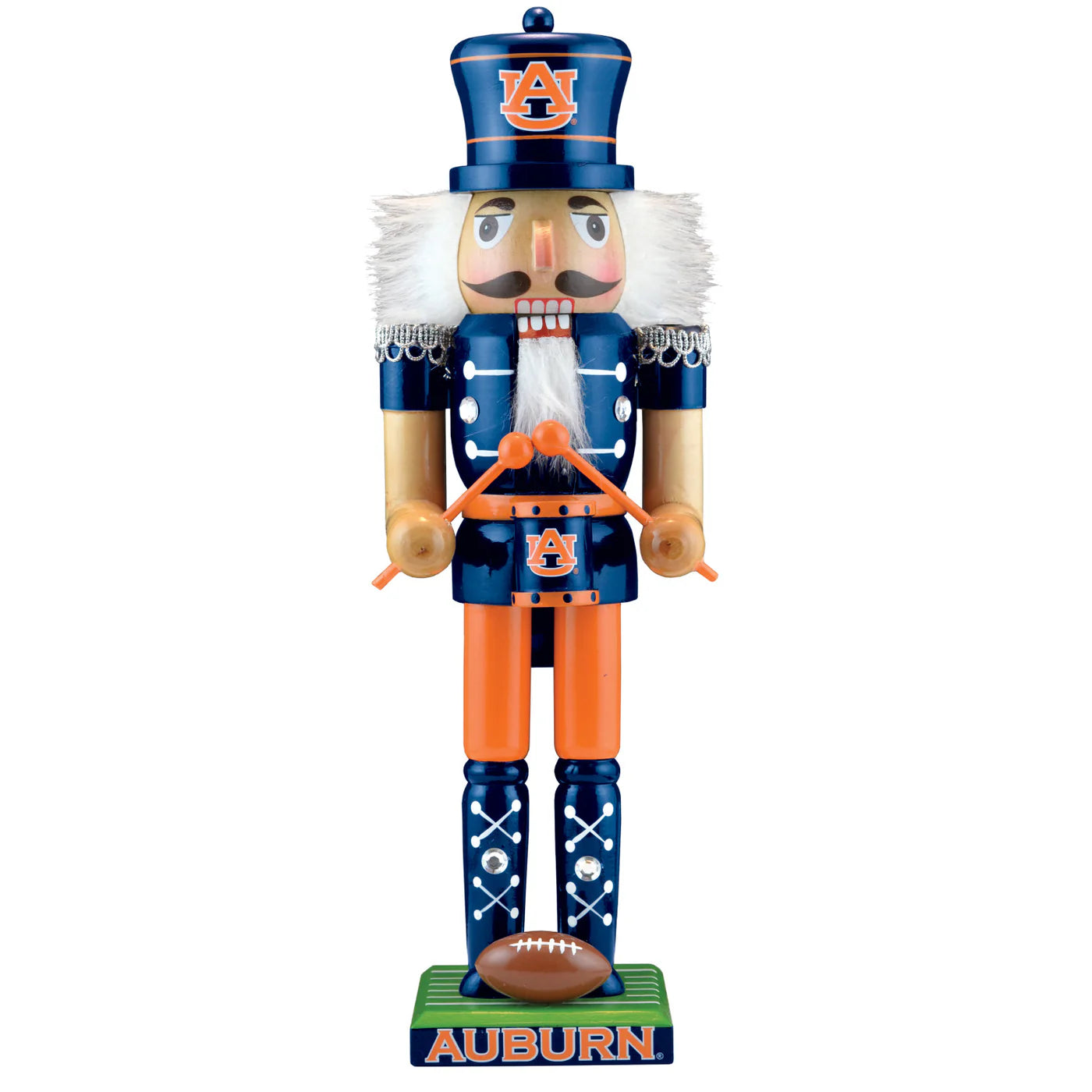 Handcrafted Auburn Tigers 12" Wooden Nutcracker, featuring team colors, football, flag, and gems. A perfect collectible for fans.