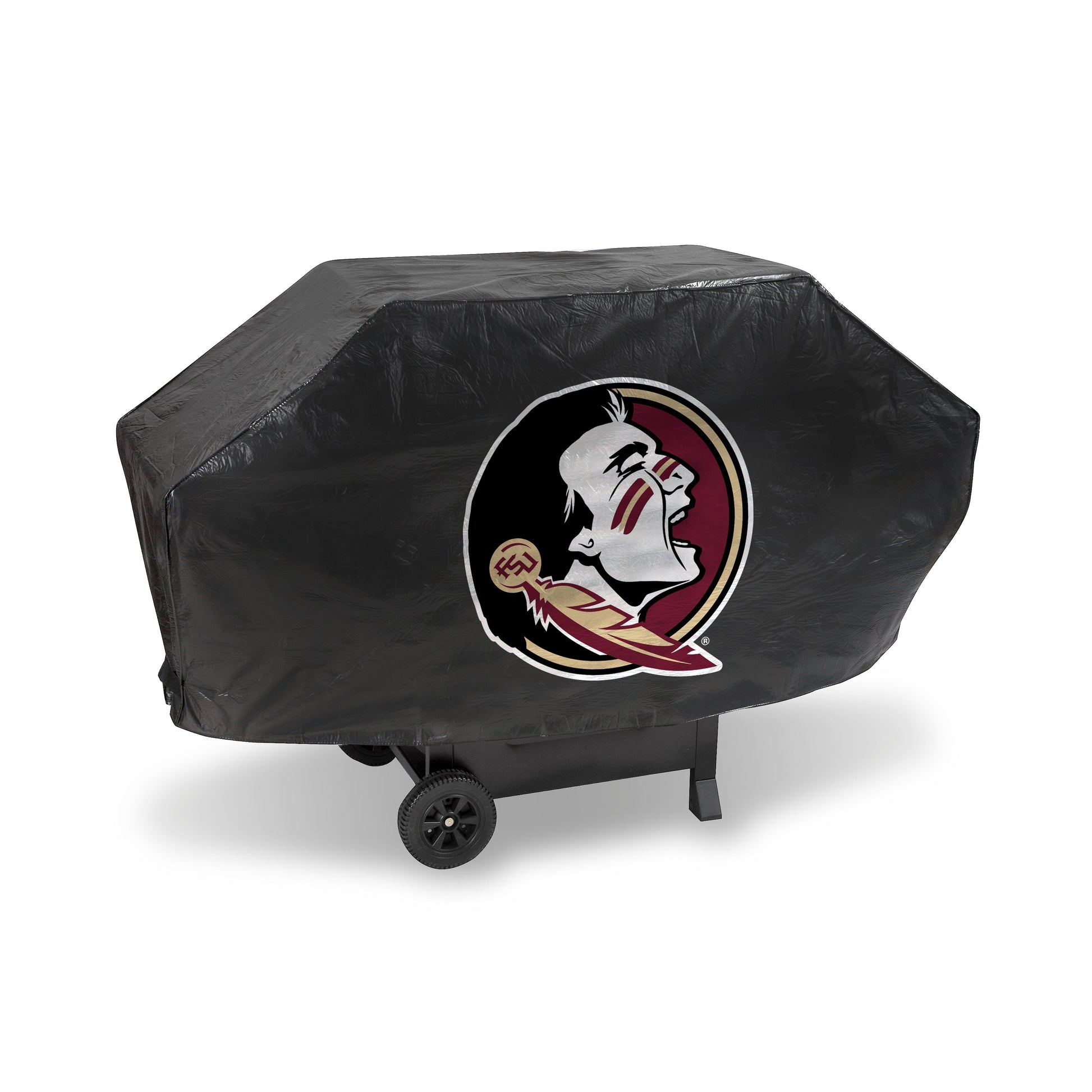 Florida State Seminoles Deluxe Vinyl Grill Cover with secure straps, felt lining, and bold NCAA team logo.