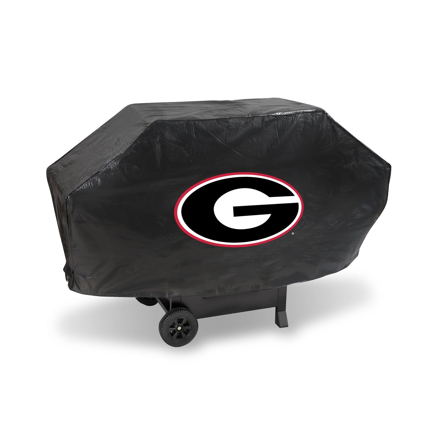 Georgia Bulldogs Deluxe Vinyl Grill Cover with felt lining, straps, and bold team logo. Fits most standard grills.