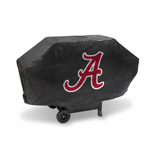 Alabama Crimson Tide Deluxe Vinyl Grill Cover, 68" x 21" x 35", screen-printed team logos, felt-lined, hook and loop straps, fits most grills. Officially licensed by NCAA. Made by Rico Industries.