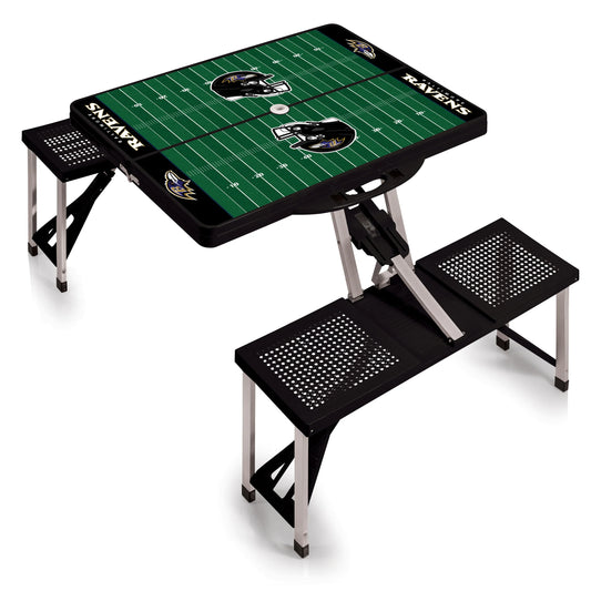 Baltimore black portable folding table with seats for four. Durable ABS plastic, compact, holds 250 lbs per seat, weighs 19 lbs.
