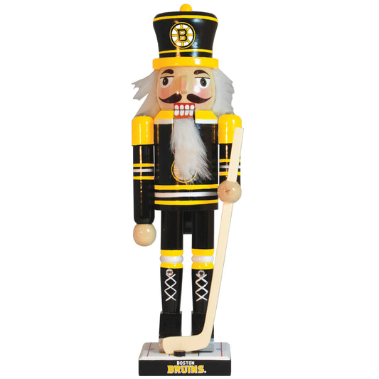 Handcrafted Boston Bruins 12" Wooden Nutcracker, featuring team colors, football, flag, and gems. A perfect collectible for fans.