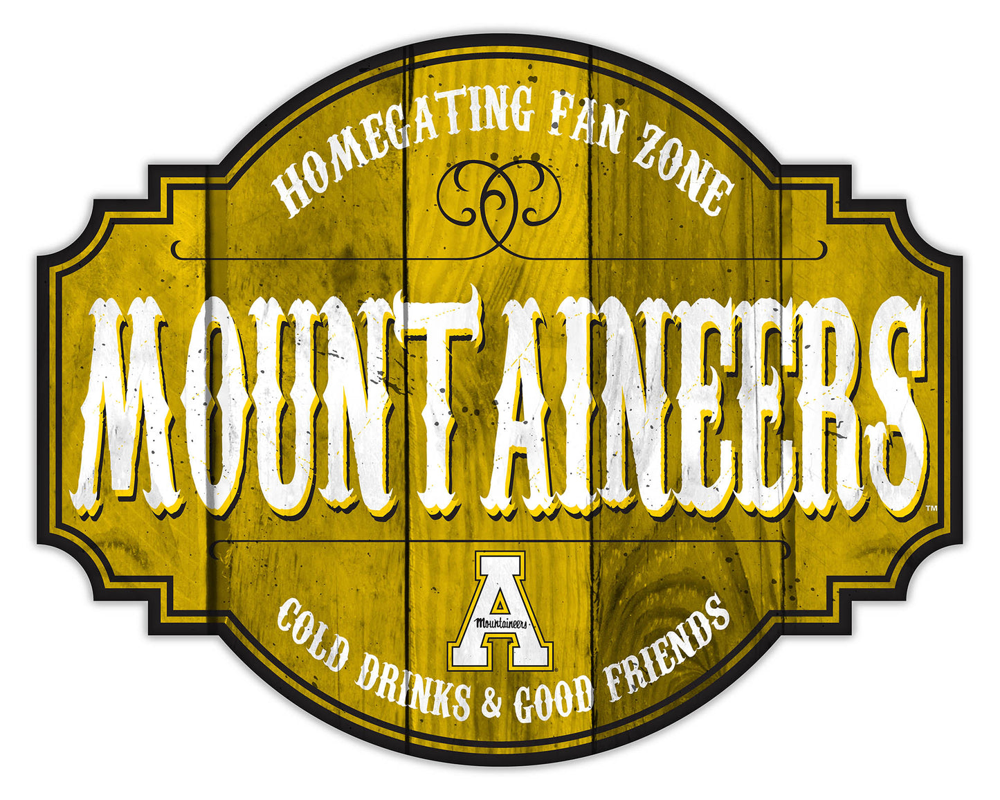 "Appalachian State Mountaineers Homegating distressed sign by Fan Creations, featuring bold text and a vintage wood background design."