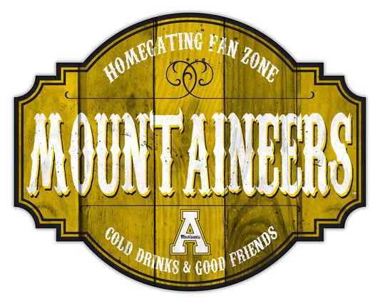 "Appalachian State Mountaineers Homegating distressed sign by Fan Creations, featuring bold text and a vintage wood background design."