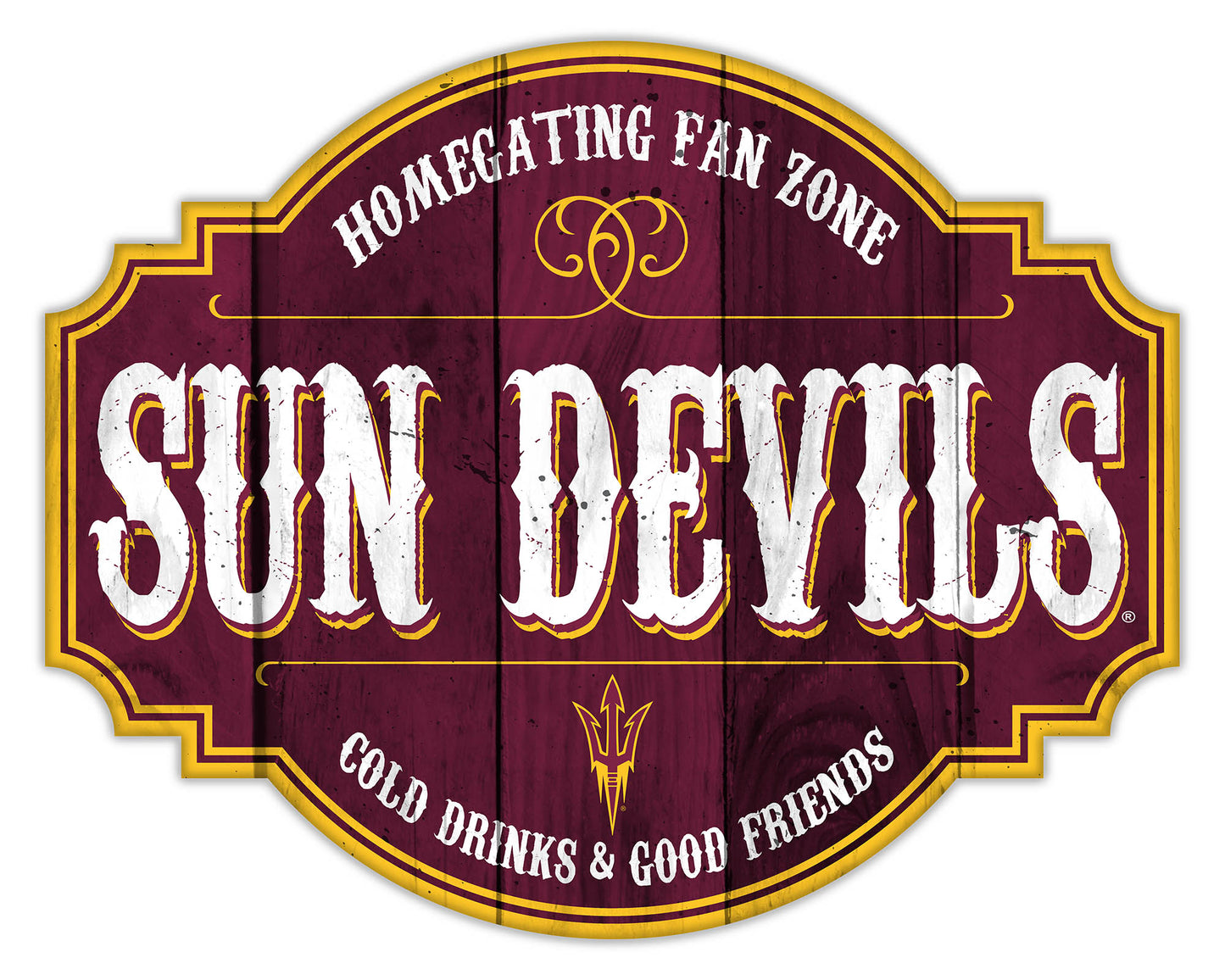 "Arizona State Sun Devils Homegating distressed sign by Fan Creations with bold text and a vintage wood background."