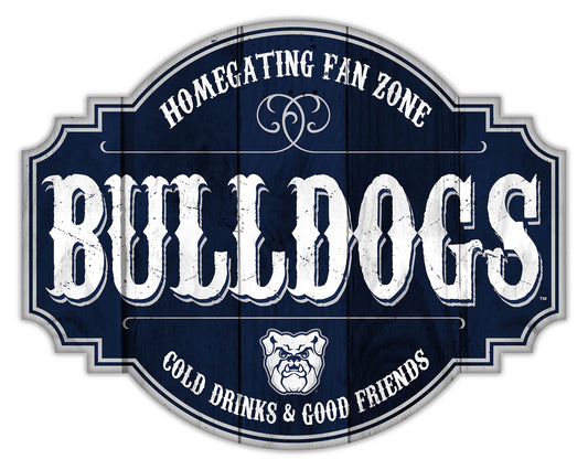 "Butler Bulldogs Homegating Sign by Fan Creations. Sizes: 12 or 24 inches, MDF, team colors/logo, officially licensed for fans."