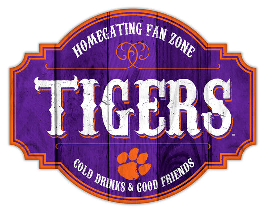 "Clemson Tigers Homegating Sign by Fan Creations. Sizes: 12 or 24 inches, MDF, multicolored team logo, officially licensed."